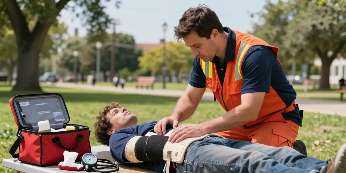 Emergency technician applying sam splint in Canada for effective arm stabilization outdoors.