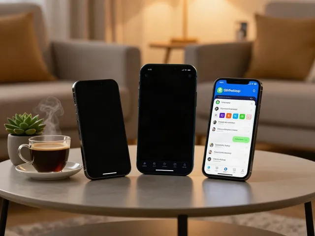 Smartphone user exploring GBWhatsApp features in a cozy living room, highlighting https://gbapps.net/gbwhatsapp-apk-dl/.