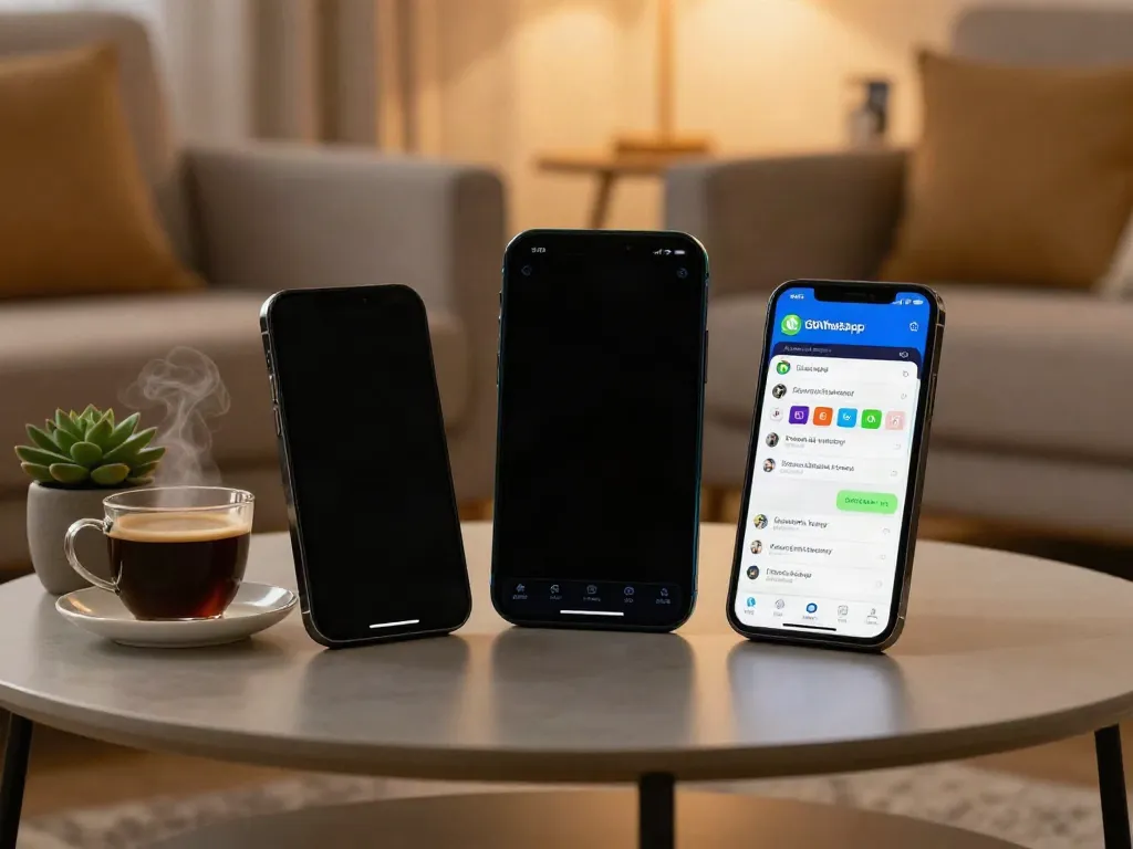 Smartphone user exploring GBWhatsApp features in a cozy living room, highlighting https://gbapps.net/gbwhatsapp-apk-dl/.