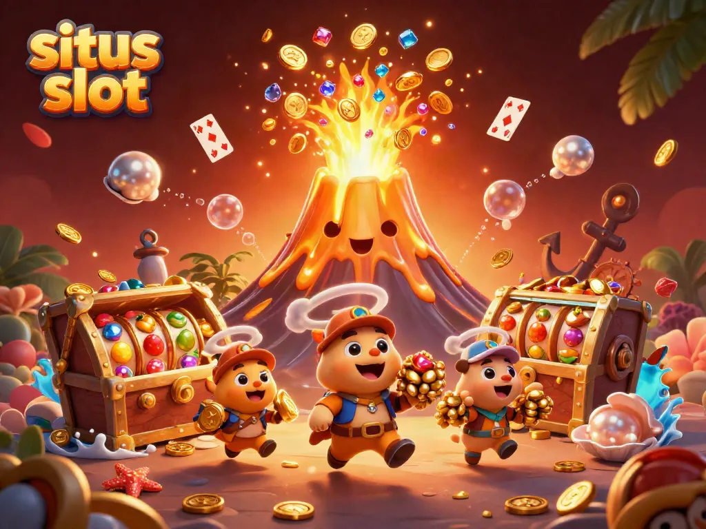 Experience thrilling adventures at situs slot with vibrant, colorful treasures erupting from a golden volcano.