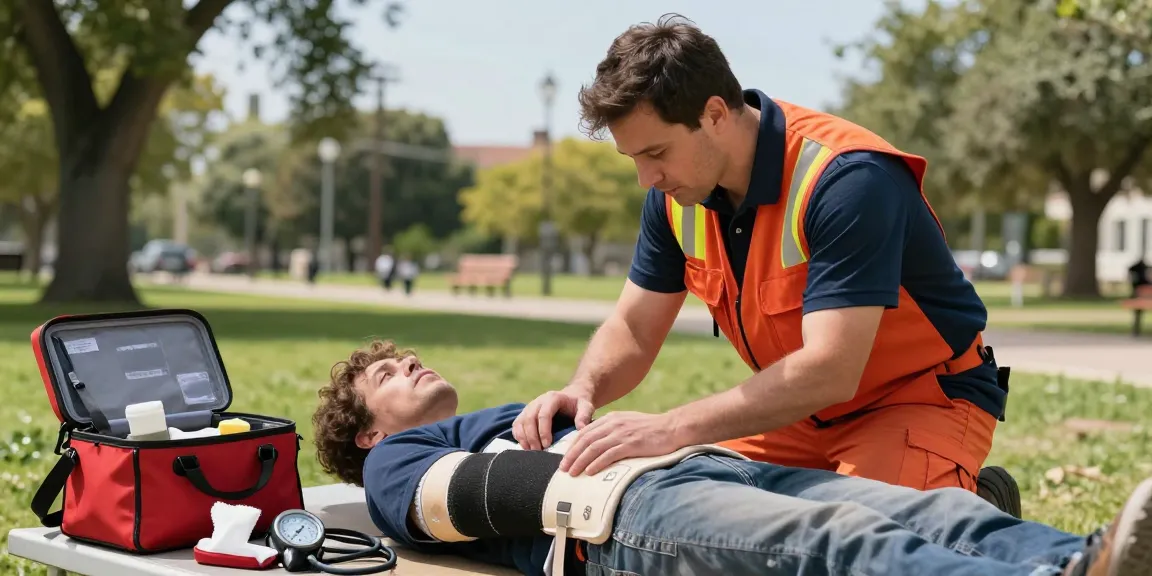 Emergency technician applying sam splint in Canada for effective arm stabilization outdoors.