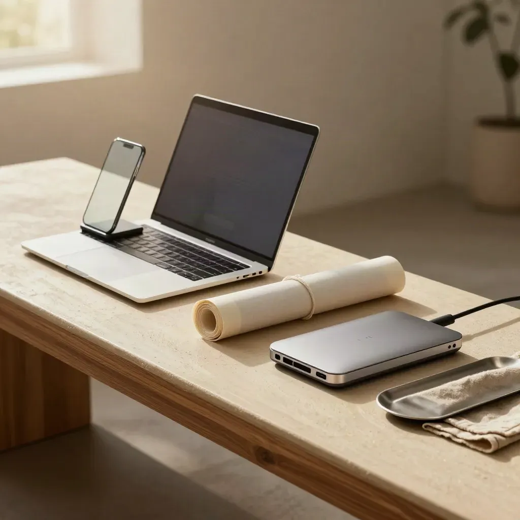 Website SEO bundle on a plaster bench with laptop, phone stand, tube and hub
