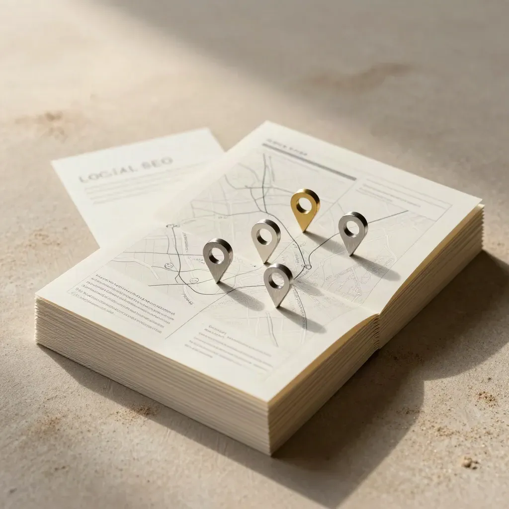 Overhead SEO planning kit with pin tokens on plaster, in soft daylight.