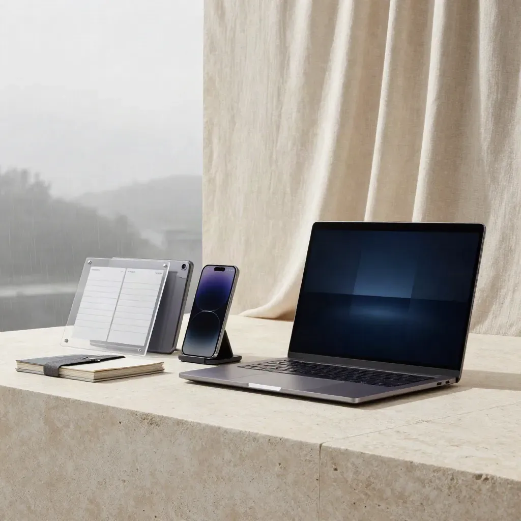 Hero product kit for digital marketing on pale stone with laptop, tablet, phone and acrylic boards