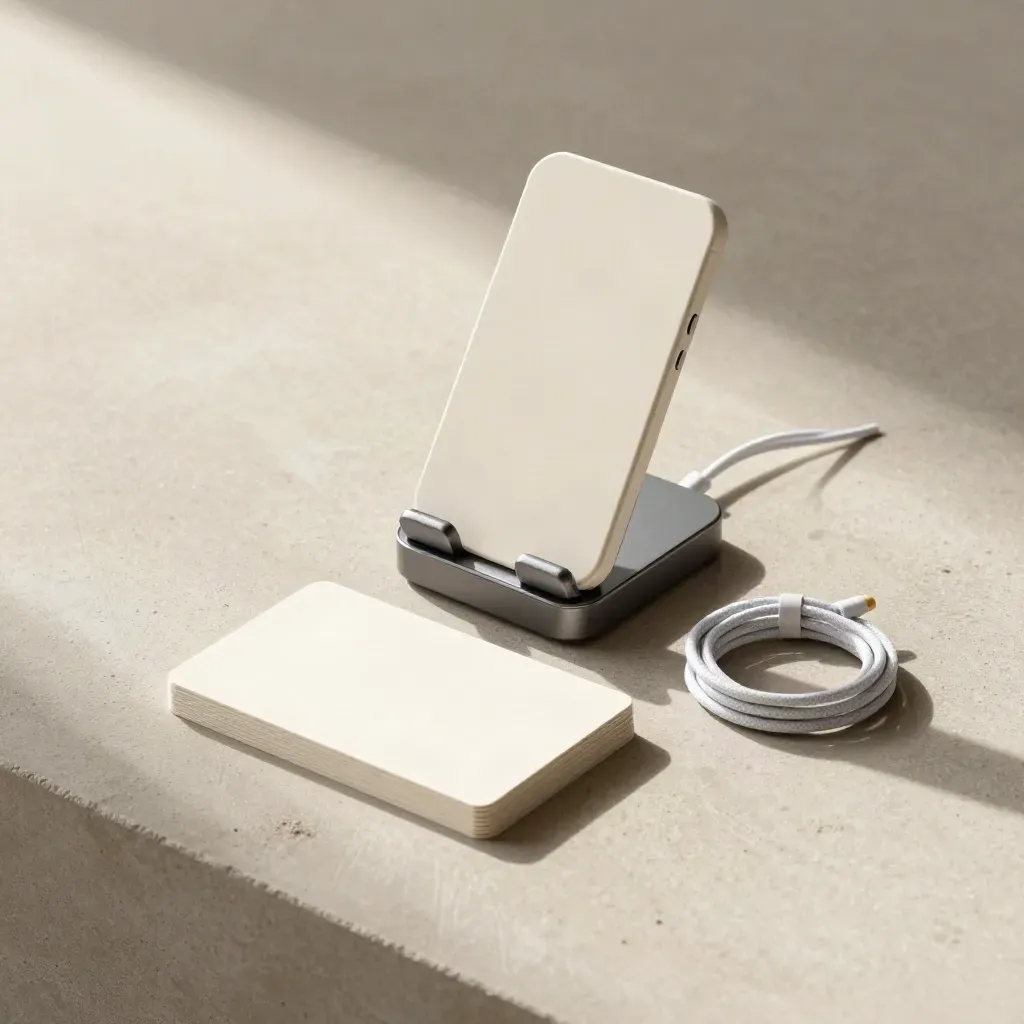 Flatlay of a phone stand, blank cards and slim hub on pale concrete with soft vapor.