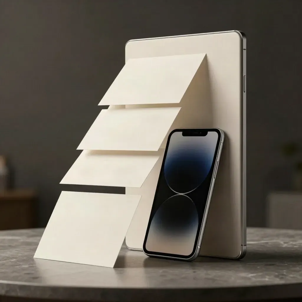 Stepped web landing-page kit with phone, tablet and cards on a dark studio surface.