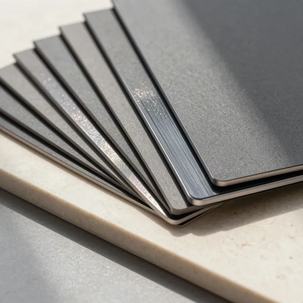 Macro of square ad tiles, tablet edge, and metallic swatches on pale travertine.