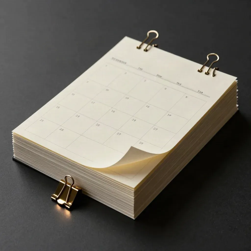 Overhead calendar cards and clips on a dark surface with soft paper flutter and gold accents.