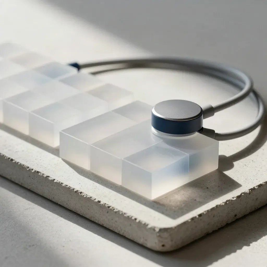 GA4 setup module with translucent blocks and cable loops on pale concrete
