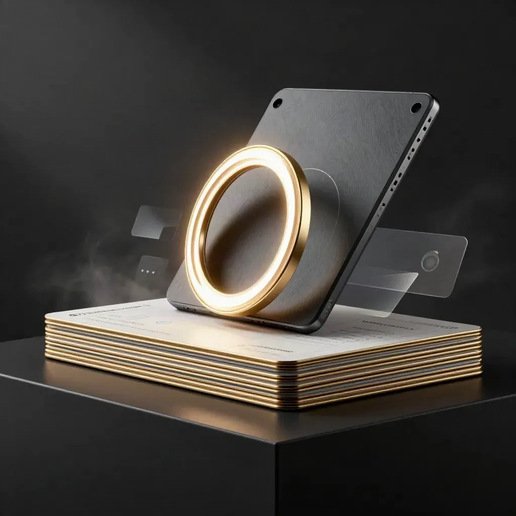 Dark tablet with gold-edged campaign cards and a glowing ring on a matte-black surface.