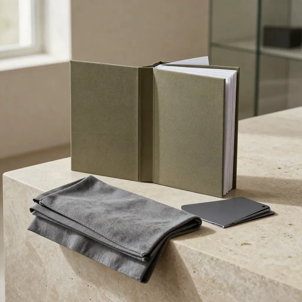 SEO care bundle on a stone plinth with folded cloth, folio and device in soft daylight.