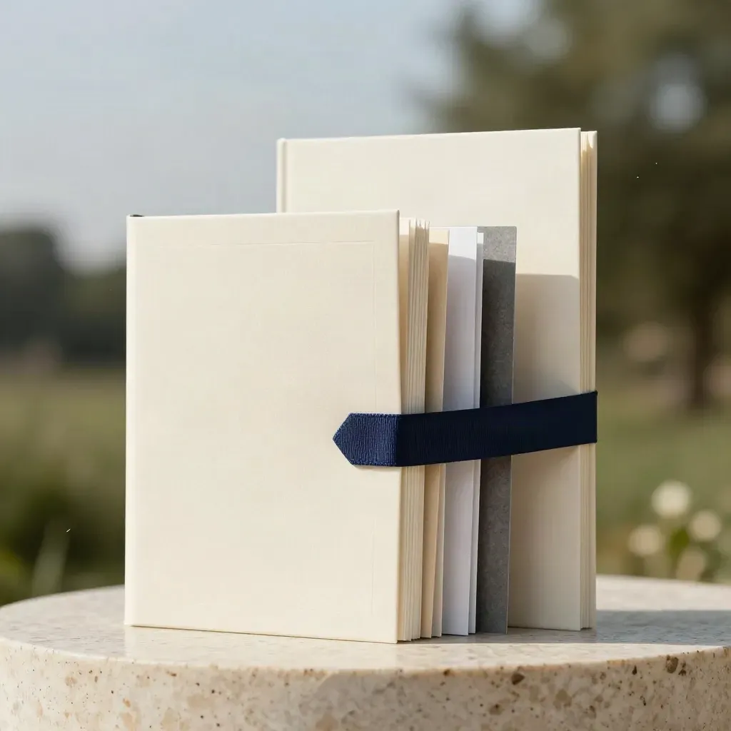 Embossed brand voice guide folio opens with ribbon and layered paper swatches