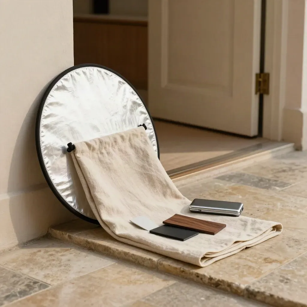 Photo kit beside a doorway with reflector, cloth, and prop pouch in soft afternoon light.