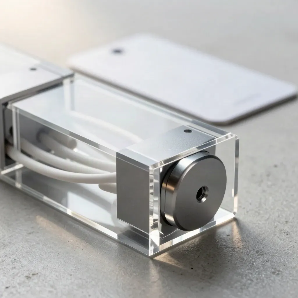 Macro of clear analytics hardware with white cable loops on cool concrete.