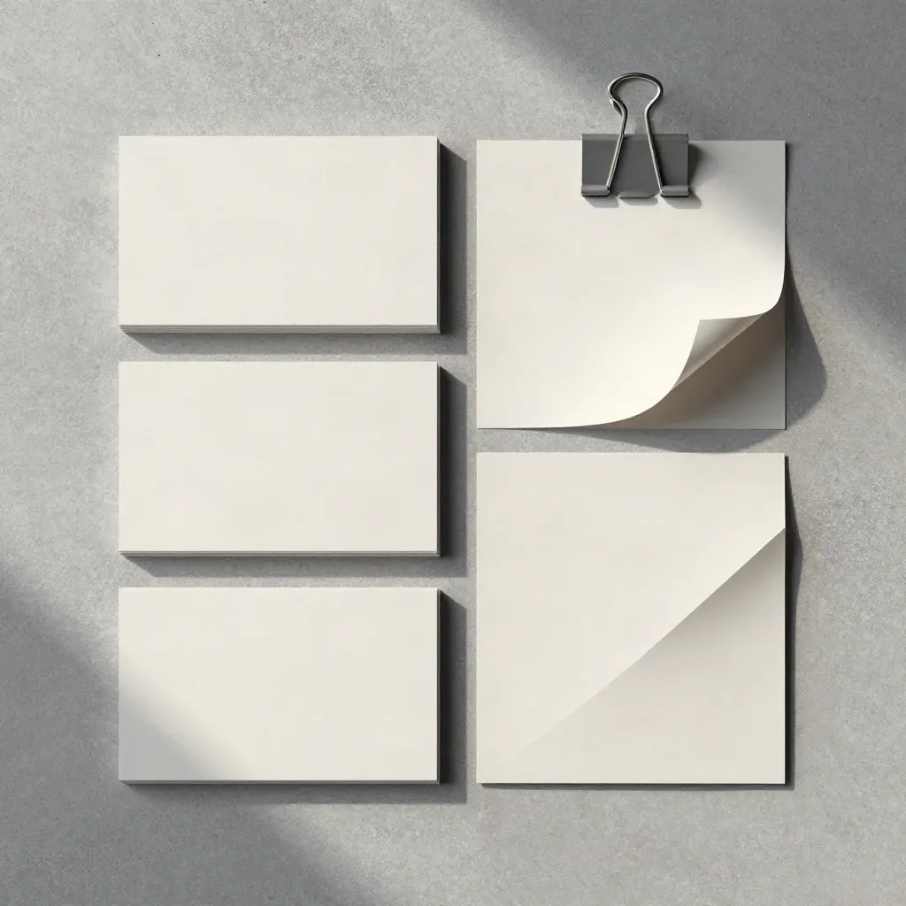 Overhead flatlay of blank copy cards, binder clips, and a folded deck on pale concrete.