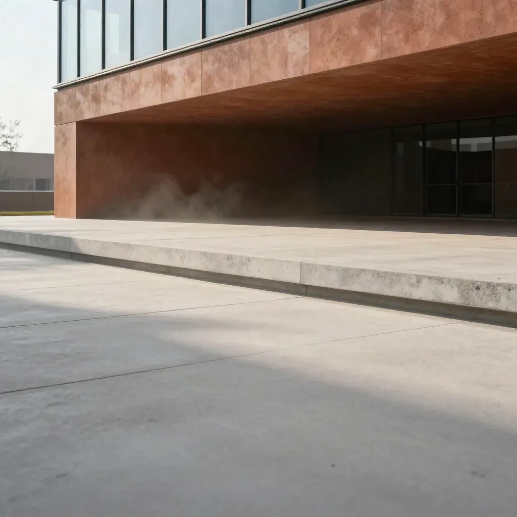 Concrete terrace with a shadowed opening and blue glass reflection in soft morning light