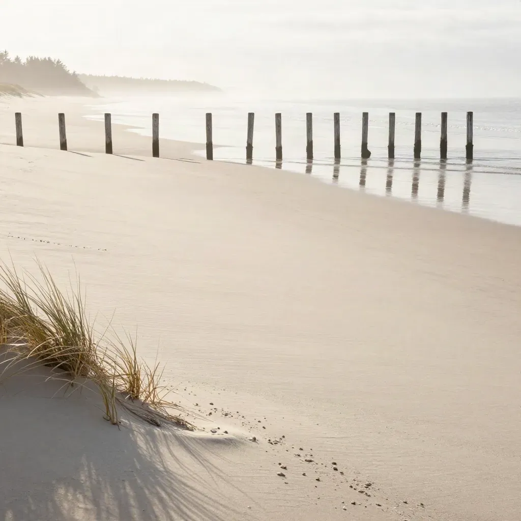 Pale sand shoreline with weathered posts, mist, and a blurred treeline at golden tide.