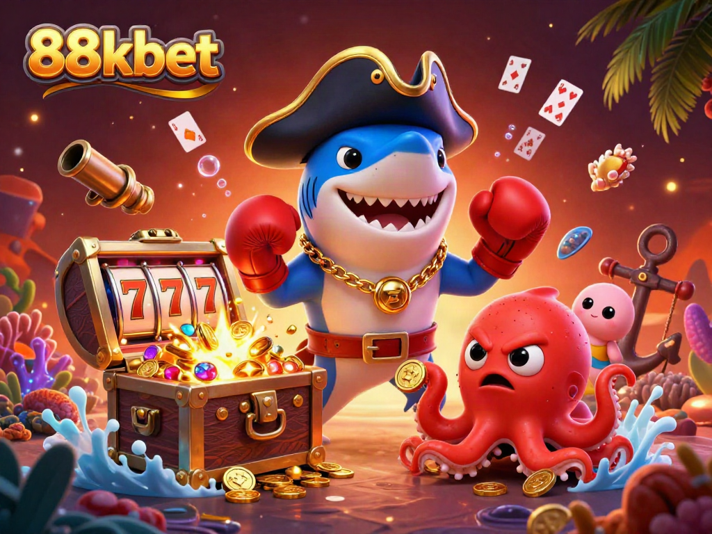Engage with thrilling gameplay at 88kbet featuring cartoon pirates, gold coins, and slot machines!