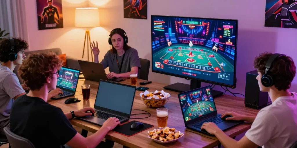 Dynamic gaming community scene with players enjoying gem88 online games together.