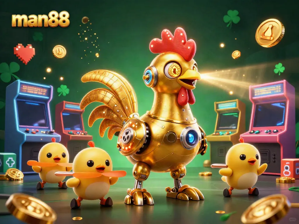 Experience thrilling gameplay at man88 with vibrant casino elements and robotic characters.