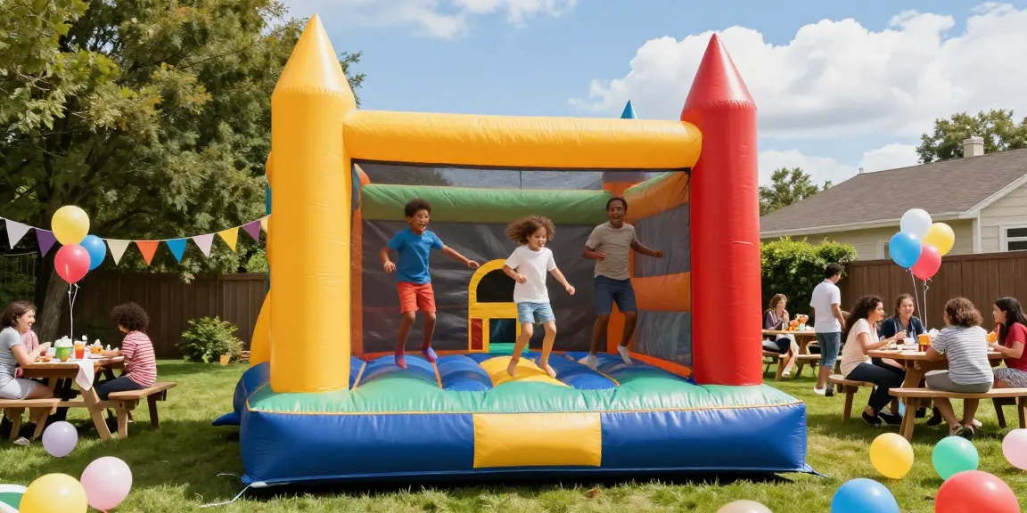 Joyful children bouncing in a colorful bounce castle during a festive birthday party.