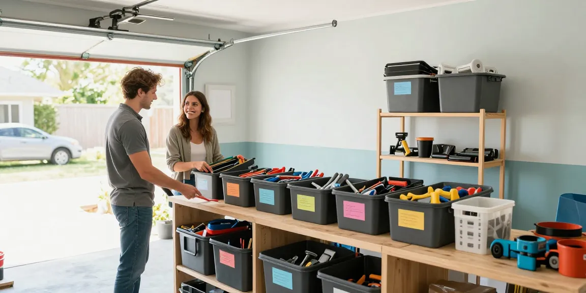 Garage organizing Ottawa scene with a professional organizer helping a couple declutter and sort tools, highlighting a bright, functional space.