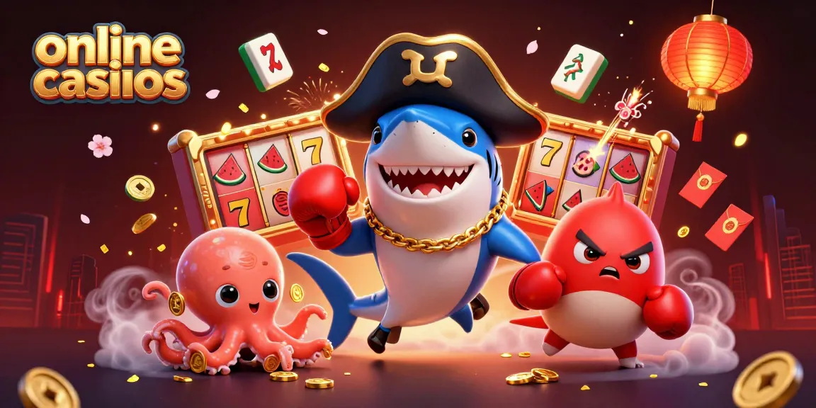Engage with thrilling online casinos featuring a cartoon shark, pufferfish, and octopus in an action-packed scene.