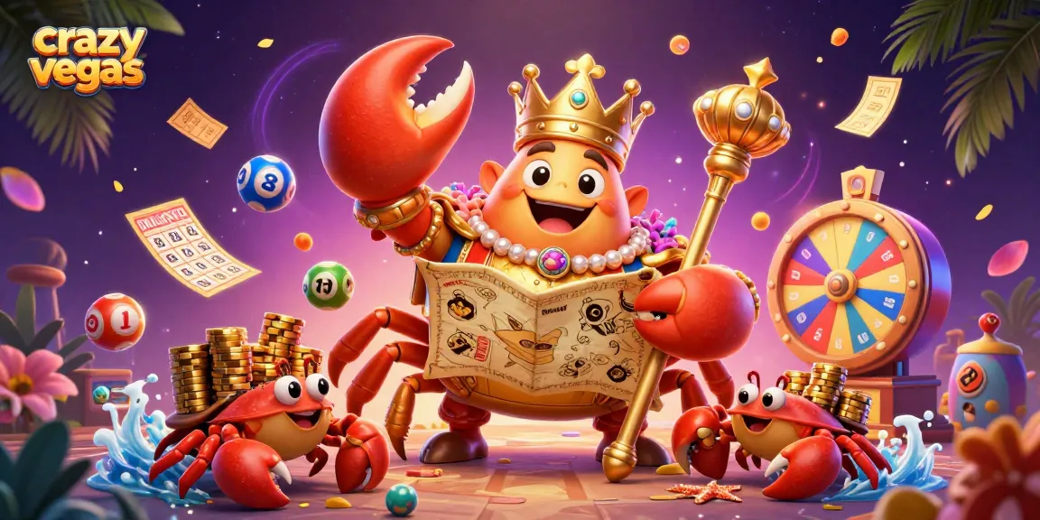 Engage in thrilling gameplay at crazyvegas with a vibrant scene of a golden crab emperor surrounded by lottery games and casino elements.
